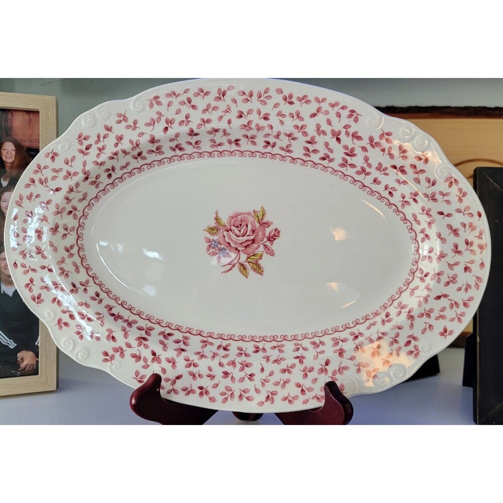 Vintage Nikko Cameo Rose Pattern Ironstone Pink 13x9" Oval Serving Platter